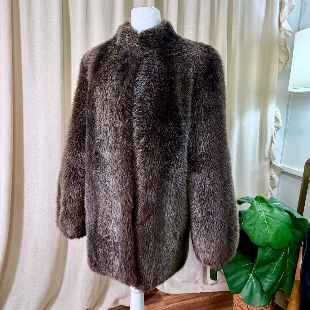 50s ASO Mrs Maisel Faux Fur Coat Brown Luxury Old Hollywood Glam MED LARGE - Picture 2 of 11